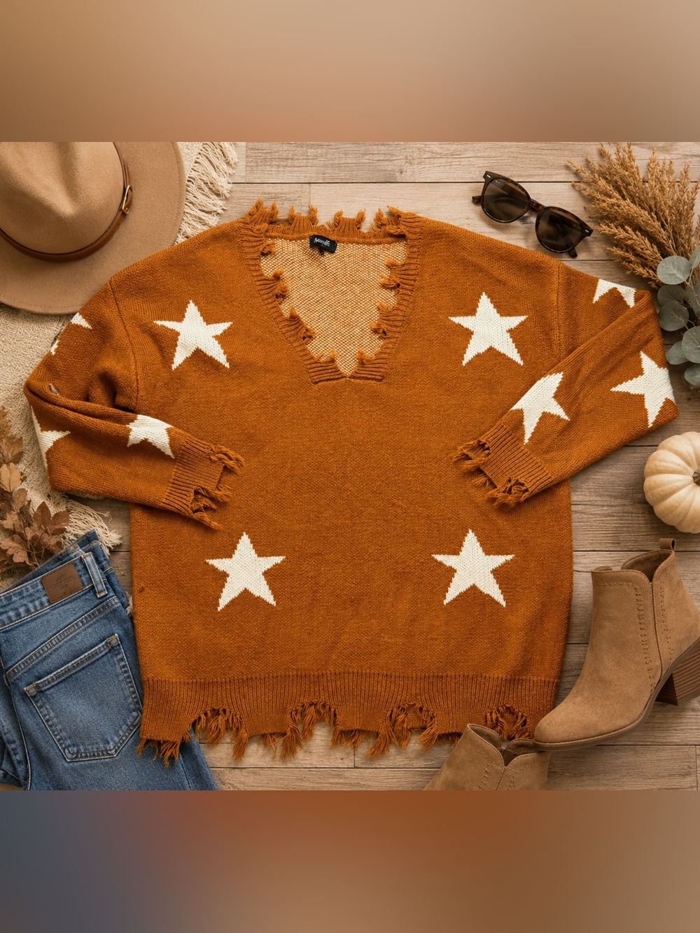 Amaryllis Star Print Distressed V-Neck Sweater Rust Orange White 2XL